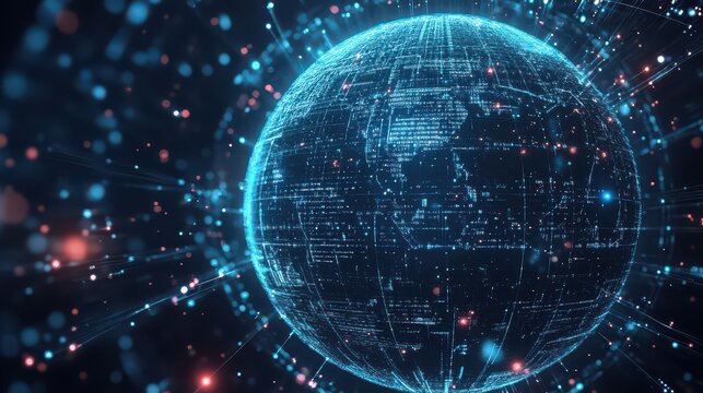 A digital globe with glowing blue lines and red dots floating in a dark abstract background space
