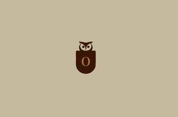 Minimalist brown owl logo with number zero on beige background. Smart, wise, intelligent animal icon for education, learning, business concept.