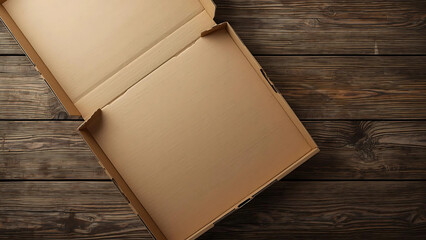 Pizza box mockup top view on wooden table, blank for branding, photorealistic texture