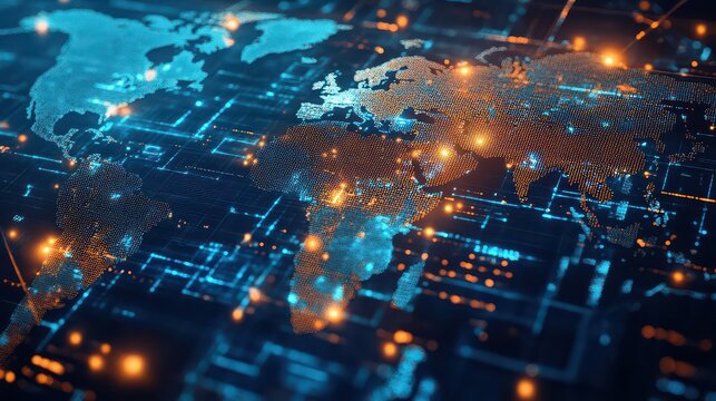 A digital world map with glowing connections and circuit board patterns in shades of blue and orange