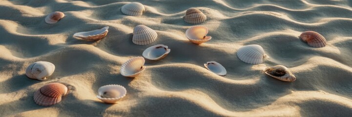 Sunlit seashells scattered across rippling sandy seabed