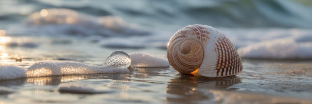 Close up of a striped seashell on a wet sandy beach - Powered by Adobe