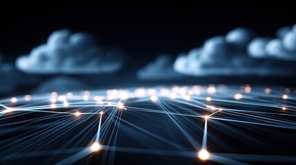A network of interconnected lines and dots against a dark background with a few clouds.