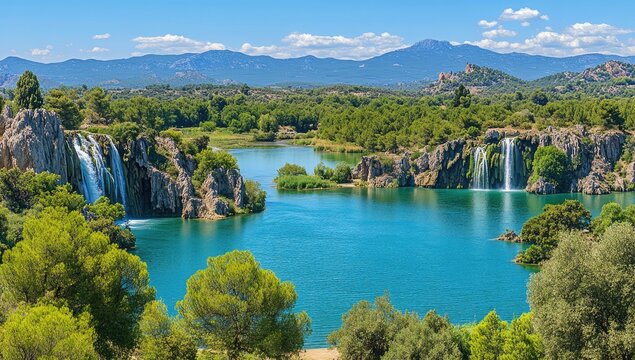 Azure lake with waterfalls and forested hillsides