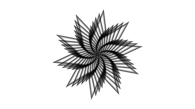 Abstract black spirograph rotates winged star logo on white background.