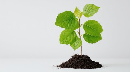 A young plant growing from a pile of soil against a white background.