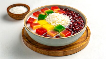 Colorful jelly cubes dessert with milk and red beans in bowl
