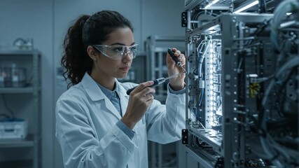 Female Scientist Inspecting Advanced Electronic Components in a High-Tech Laboratory. - Powered by Adobe