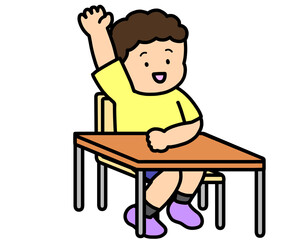 挙手する男の子　机あり