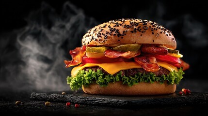 A juicy burger with bacon, lettuce, tomato, and cheese on a sesame seed bun with a smoky, steaming background.