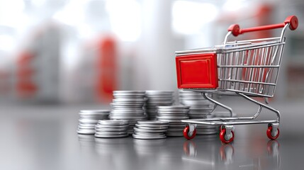 A miniature shopping cart with a red handle and wheels, placed on a reflective surface with a stack of coins in front of it.