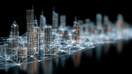 3D futuristic smart city hub model with AI-powered buildings digital infrastructure and intelligent connectivity symbolizing innovation technology and data-driven urban planning.
