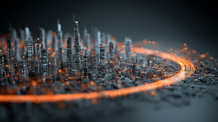 3D futuristic smart city hub model with AI-powered buildings digital infrastructure and intelligent connectivity symbolizing innovation technology and data-driven urban planning.