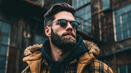 A man with a beard and sunglasses, standing in front of an industrial building.