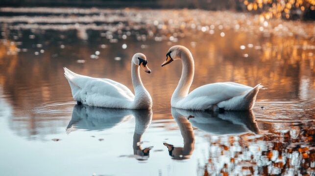 Two white swans facing each other on a calm lake with their reflections visible in the water.