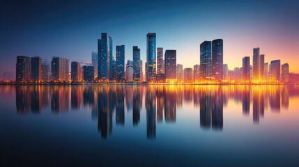 Modern city skyline at sunset with reflections in the water.