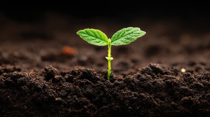 A single green leaf growing from the soil in a dark, earthy environment.