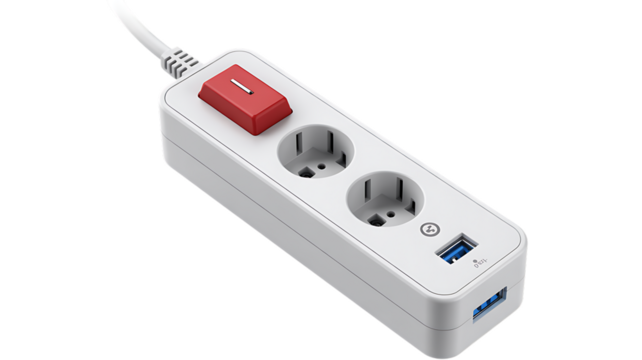 White power strip with two outlets and usb ports ready for use isolated on transparent background