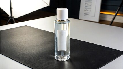 Elegant perfume bottle on modern table with studio lighting

