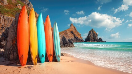 Five colorful surfboards leaning against a rock on a sandy beach with a rocky coastline in the background.