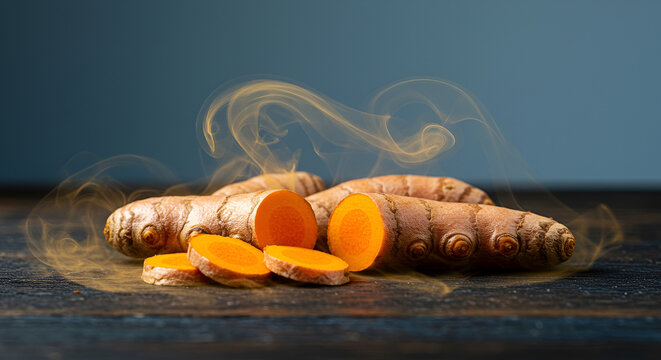 Still life of Curcuma longa (Turmeric root) sliced, releasing golden mist into the air.