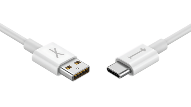 Modern white usb-a and usb-c cables for device charging and data transfer isolated on transparent background