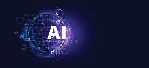 Futuristic artificial intelligence background with glowing digital circuits, AI text, technology network, and innovation design, symbolizing smart computing, machine learning, and data-driven future.