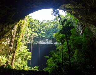 Sunlight through cave opening into jungle