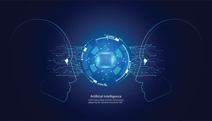 Futuristic AI concept with two human profiles connected by digital circuits and a glowing chip, symbolizing artificial intelligence, machine learning, and human-technology integration in modern