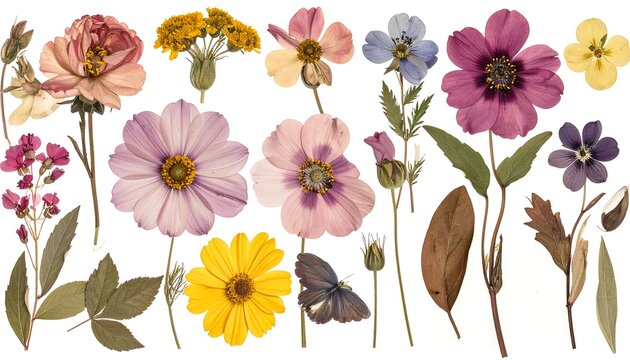 An assortment of pressed and dried flowers and foliage, arranged on a white background
