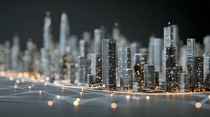 3D futuristic smart city hub model with AI-powered buildings digital infrastructure and intelligent connectivity symbolizing innovation technology and data-driven urban planning.