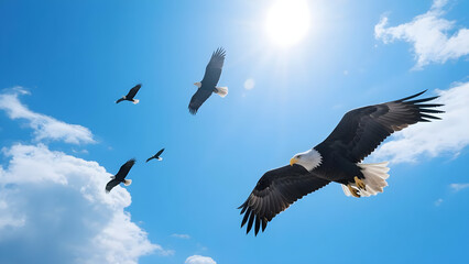 Obraz premium Majestic bald eagles soaring freely against a vibrant blue sky with scattered clouds symbolizing