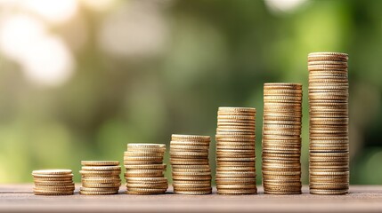 Stacks of coins on a wooden surface with a blurred green background.