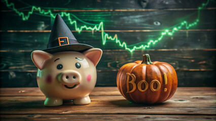 Happy halloween budget piggy bank with witch hat beside pumpkin carved with boo festive finance concept