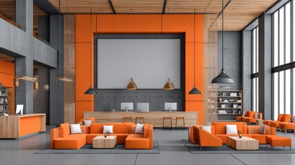Modern office lobby with orange and gray furniture, large screen, and modern decor.