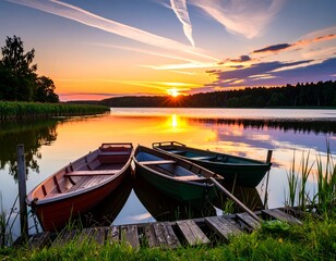 Obraz premium Sunrise over a lake with boats