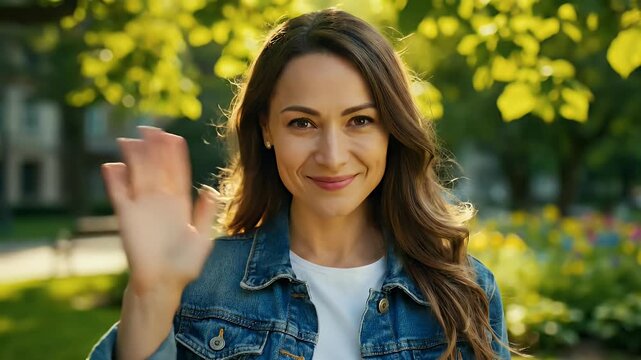 Cheerful young woman waving hello outdoors, smiling warmly in a sunlit park