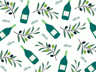 オリーブとオリーブオイルのボトルの背景、壁紙