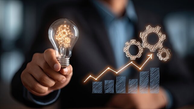 A man in a suit holding a light bulb with gears inside.