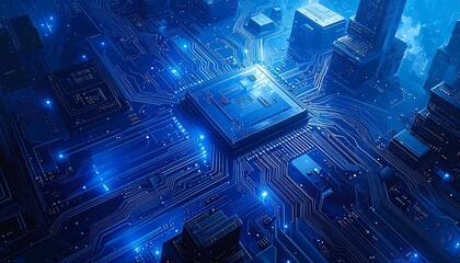 A high-angle view of a futuristic cityscape constructed of illuminated circuitry, radiating blue light