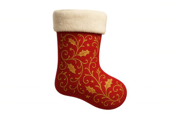 Festive red christmas stocking featuring elegant gold holly and scroll embroidery, white fur cuff. Transparent background