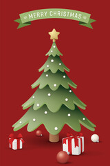 3D cute decorated Christmas tree and gift boxes with Merry Christmas calligraphy in green ribbon on vertical background graphic illustration.
