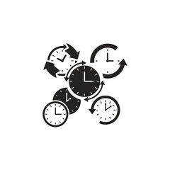 Four stylized clock icons showing reload, reset, and circular time flow, with different symbols.