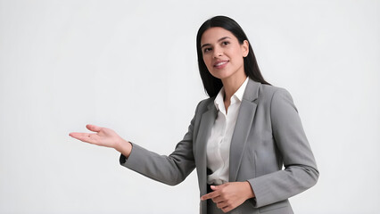 Confident businesswoman gesturing towards copy space for product showcasing concept
