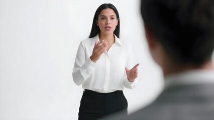 Professional woman leading a business discussion with gestures in a white setting conference