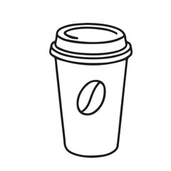 Vector illustration of a simple coffee cup takeaway design, black and white with black outline, perfect for café branding, posters, or digital artwork.