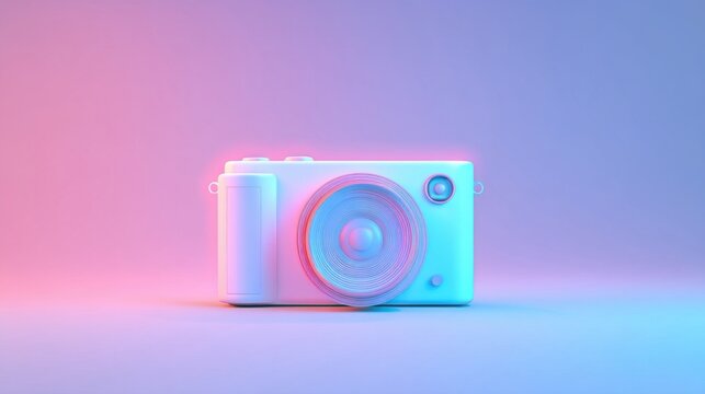 A sleek white modern camera with a large lens sits against a gradient pink to blue backdrop,