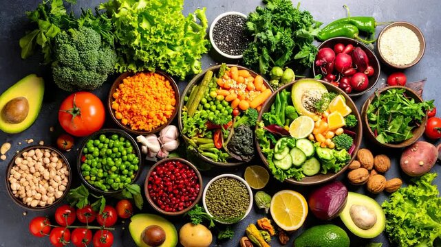 Assortment of fresh vegetables and legumes in bowls on a dark surface shot from above highlighting a colorful healthy diet