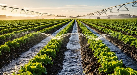 An expansive agricultural field being irrigated with rows of lush green plants under a bright sky. A modern irrigation system provides the water supply to nourish the crops