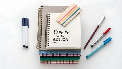 Notebook stack with motivational text and colorful stationery